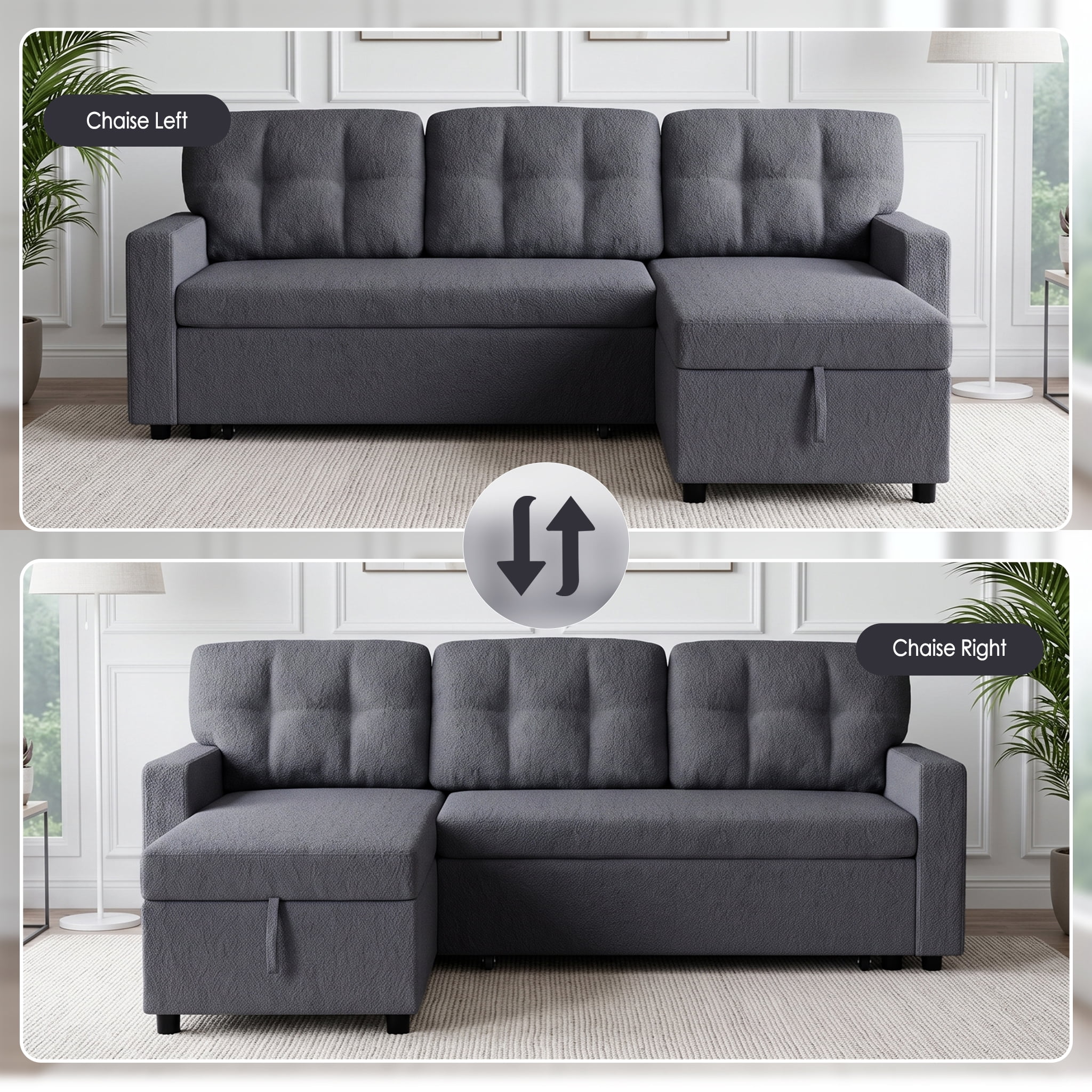 Xiweot Convertible Sleeper Sofa Bed, 82" L Shaped Sectional Couch with Pull Out Bed, Storage Chaise & Reversible Lounge, Teddy Fabric Compact Sectional Sofa for Living Room Apartment (Dark Grey)