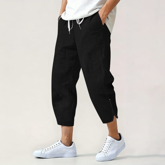 Fnooota Cotton Linen Capri Pants for Men, Relaxed Fit Elastic Waist Casual Summer Mens Capris Black Size S-3XL