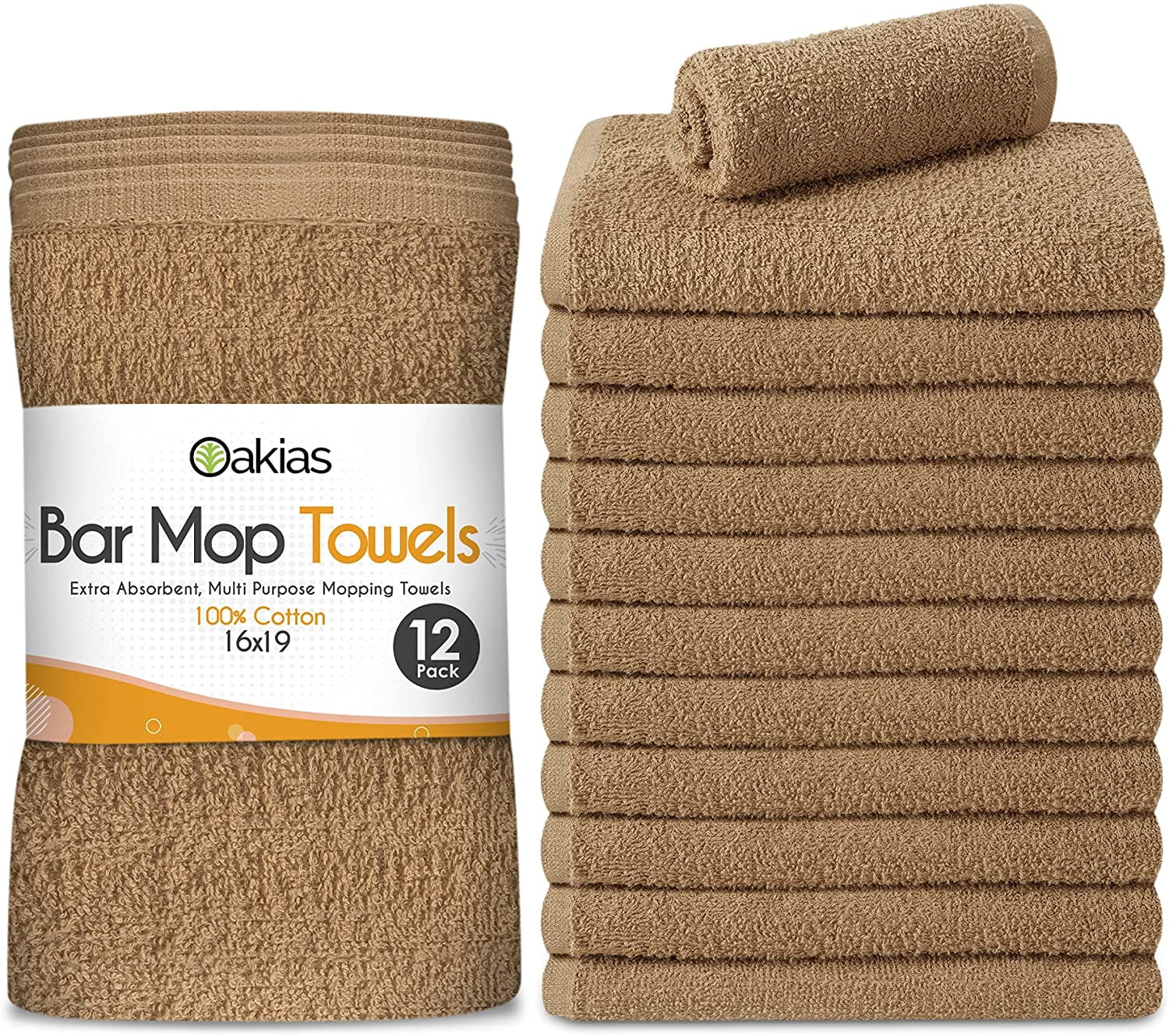 Oakias 12 Pack Bar Mop Towels, Brown, 16 x 19 Inches, Highly Absorbent
