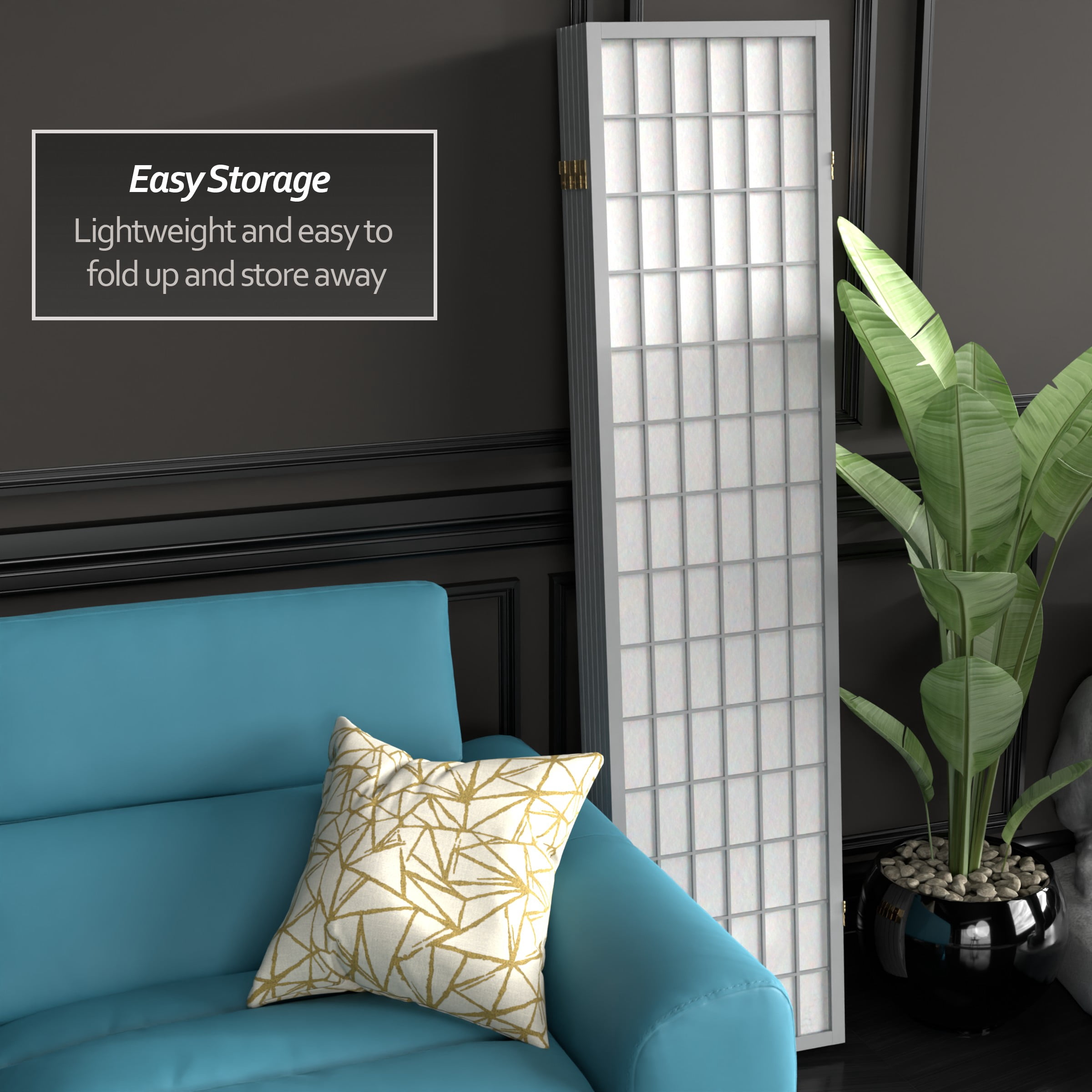 Red Lantern 6 ft. Tall Window Pane Shoji Screen - Grey - 6 Panels