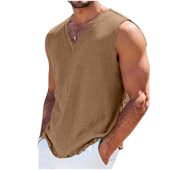 Sevevn Men's Linen-Look V-Neck Sleeveless Tank Top Workout Casual Vest Brown 2XL