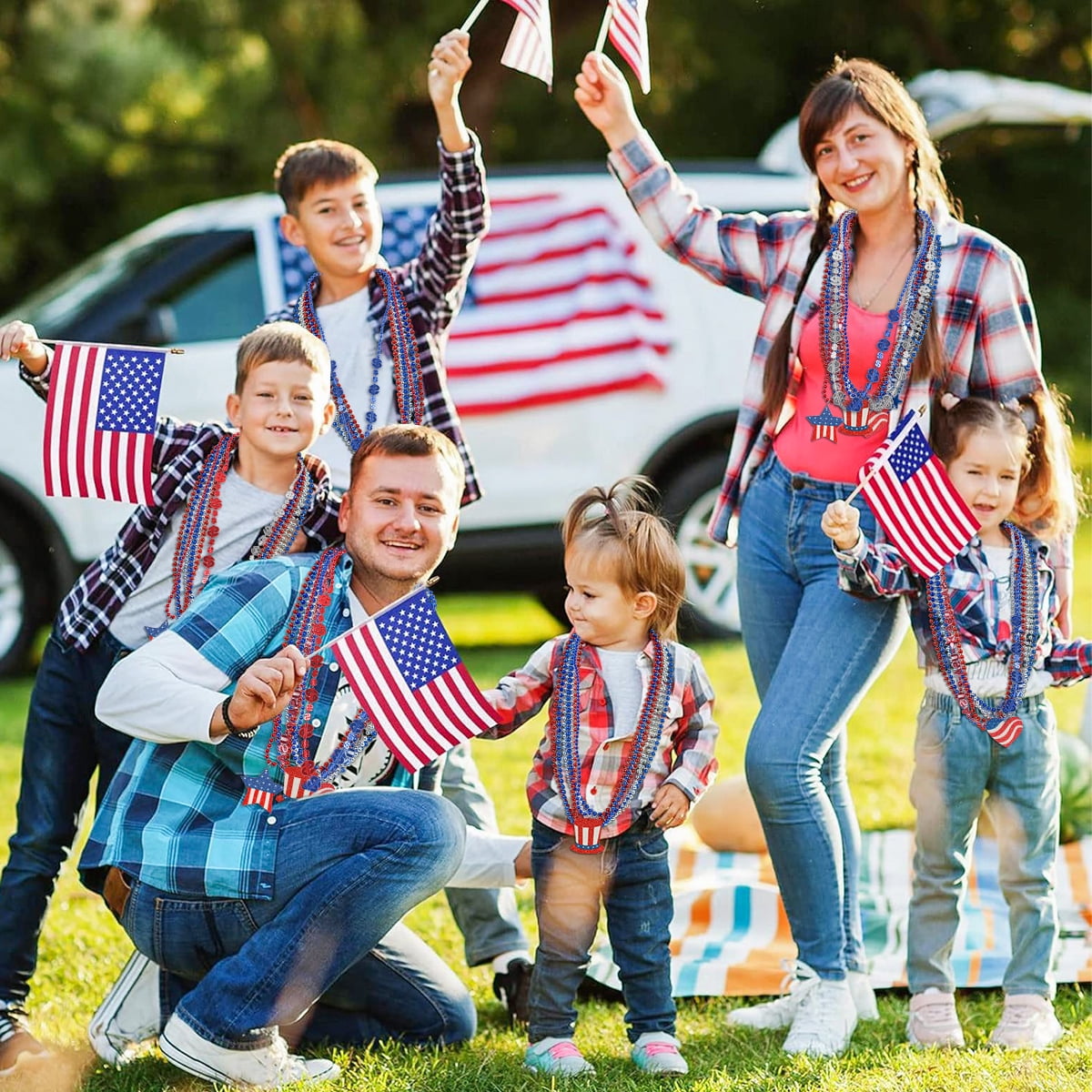 Fourth of July Decoration Patriotic Mardi Gras Beads USA Party Accessories Red White Blue Beaded Necklaces Independence Day Metallic Necklaces 69Pcs Set 1