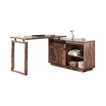 BenJara Fior L Shaped Writing Desk, 56 Inch Distressed Brown Wood, Barn Door
