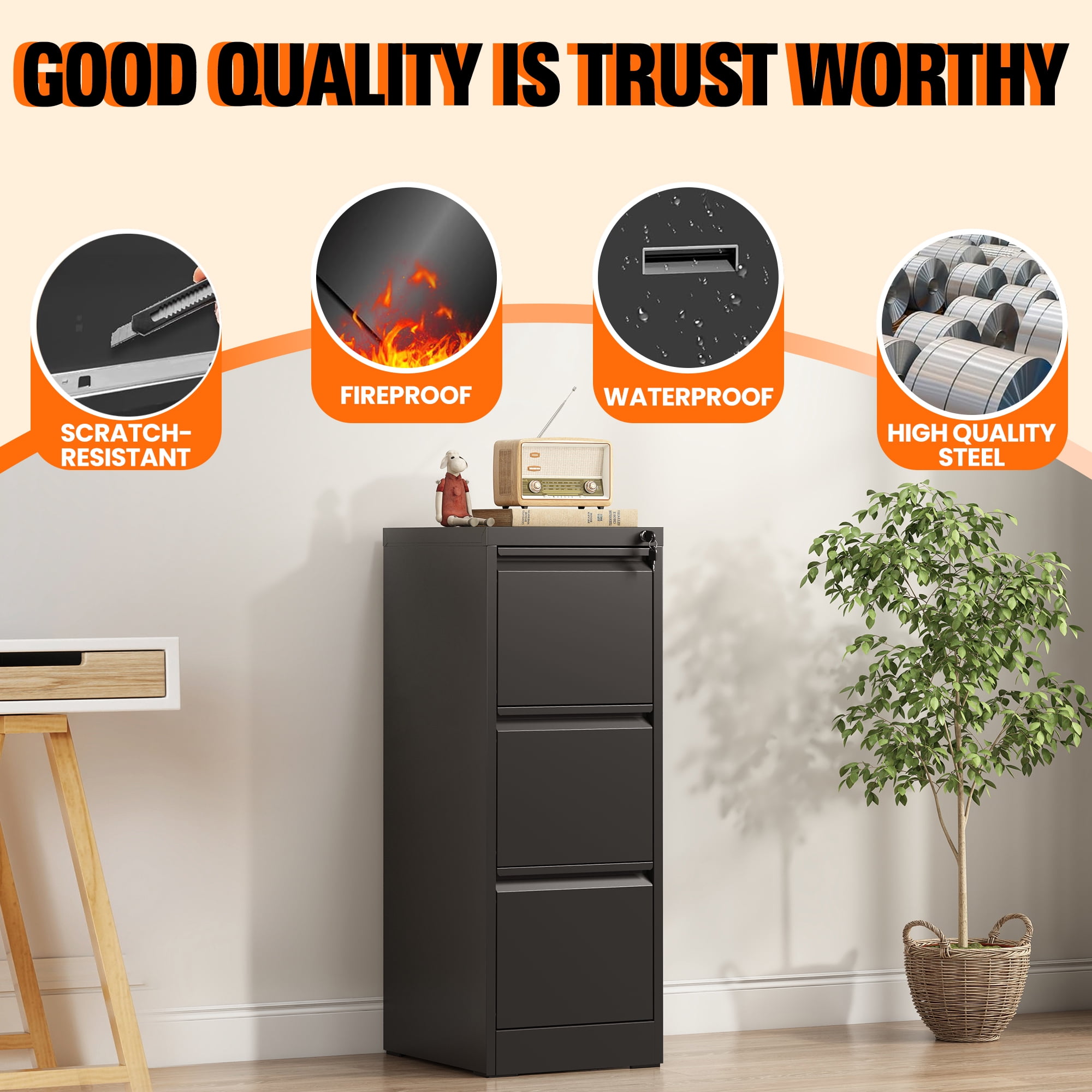 BIZOEIRON 3 Drawer Metal File Cabinet with Lock, Vertical Filing Cabinet for Hanging Legal/Letter Size Files, Black