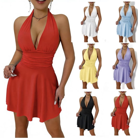 AnuYalue Womens Sleeveless Ruched Halter Short Dress Tie Back Sundress Deep V Neck Ruffle Party Dresses Prom Gowns