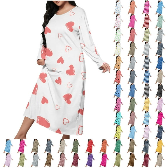 Horkkom Plus Size Nightgowns for Women Crew Neck Long Sleeve Heart Print Sleep Shirts Casual Loose Soft Sleepwear L, Gifts for Women