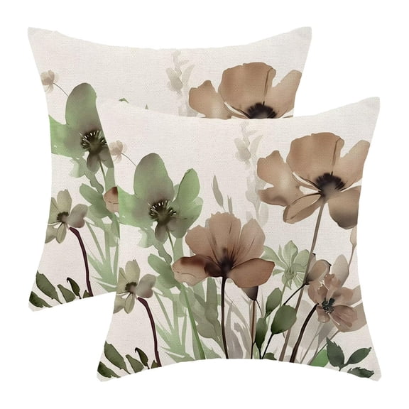 Sage Green Brown Floral Pillow Covers 18 x 18 Inch Set of 2, Spring Watercolor Flower Decorative Throw Pillow Covers Outdoor Linen Farmhouse Decor Pillowcase for Home Sofa