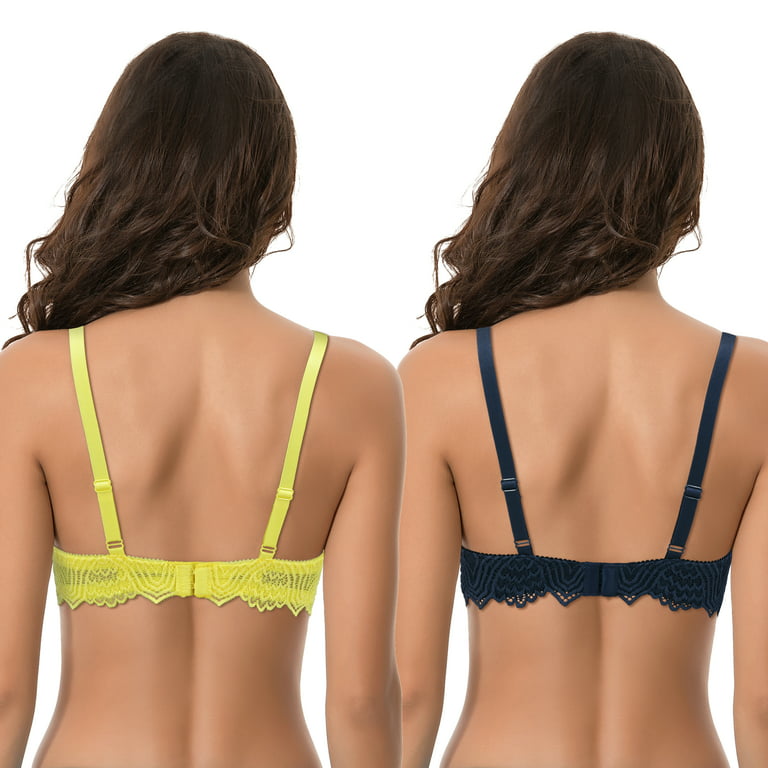 Curve Muse Women's Plus Size Push Up Add 1 Cup Underwire Perfect Shape Lace  Bras-2Pk-Navy,Yellow-44DD