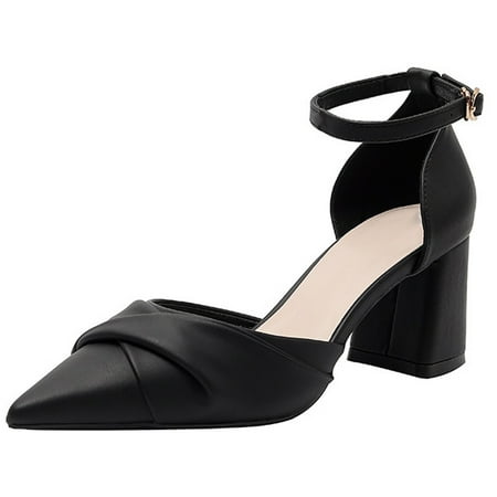 Women s Chunky Low Heels Closed Pointed Toe Sandals Ankle Strap Pumps Wedding Dress Shoes-Black-39
