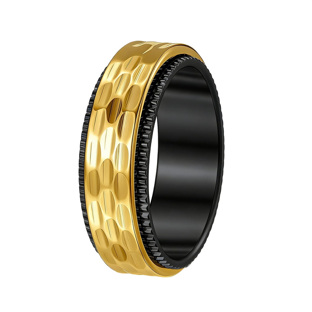 HIRPLIS Rotatable Rings for Women Men Mesh Textured Band Serrated Gear Stainless Steel Couple Matching Simple Dainty Daily Minimalist Statement Personalized Gift Jewelry Gold Plated Black 11