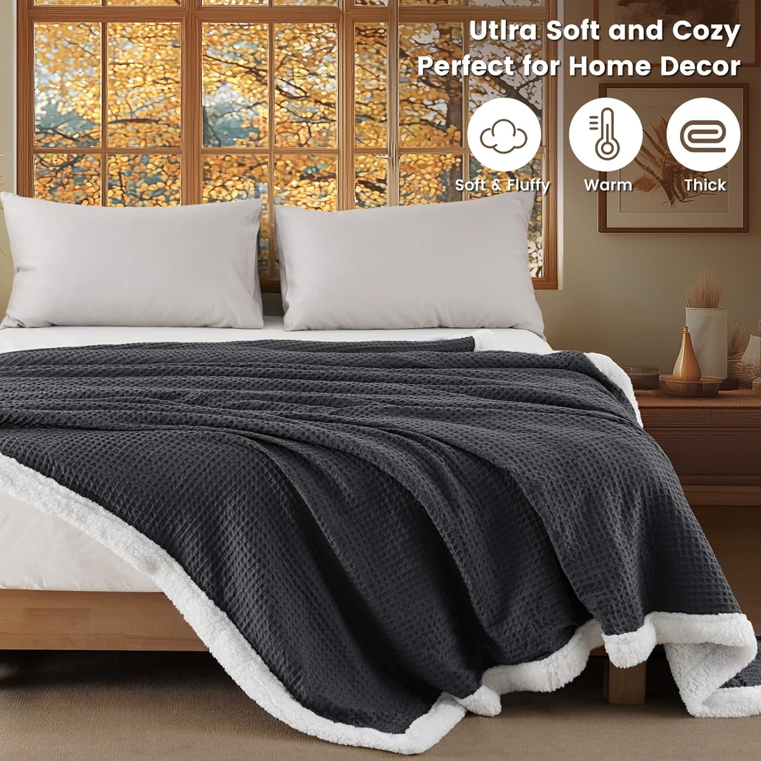 PHF Waffle Sherpa Bed Blanket Twin Size, Cozy Warm Reversible Plush Flannel Blanket for Winter, 60" x 80", Black