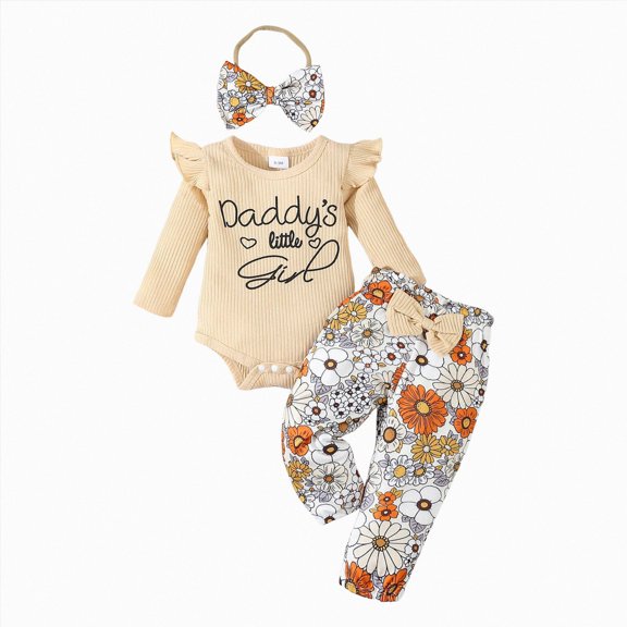 Huioutfit Baby Girl Clothes Set Daddys Little Girl Ruffle Romper Top Floral Pants Newborn Infant Baby Girl Outfit,Khaki