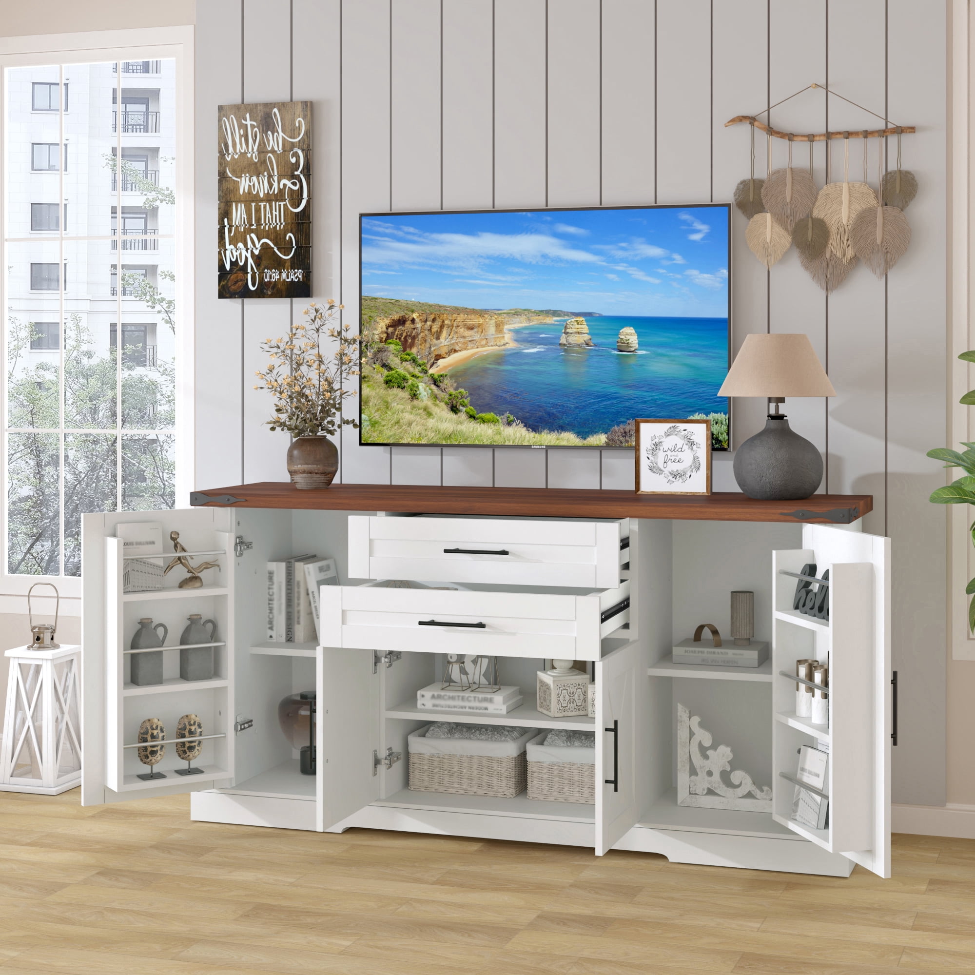 Mintazer 63" Farmhouse Sideboard Buffet Cabinet with 2 Drawers & Door Rack, Modern Storage Cabinet with Adjustable Shelves for Entryway Kitchen Living Room Dining Room, White
