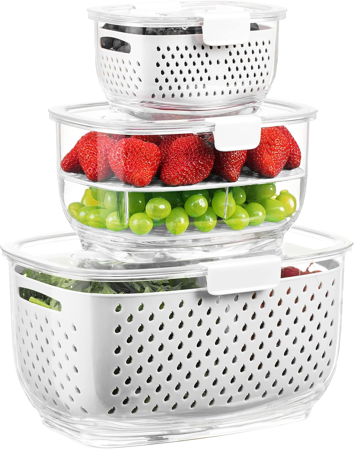 Fresh Produce Storage Containers 3-Piece Set BPA-Free Partitioned Salad Container Refrigerator Organizer for Fruits and Vegetables White