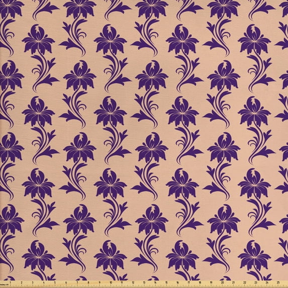 Purple Upholstery Fabric by the Yard, Victorian Influences on Purple Flower Arrangement Ancestral Blooming Nature Motifs, Decorative Fabric for DIY and Home Accents, Beige Plum by Ambesonne