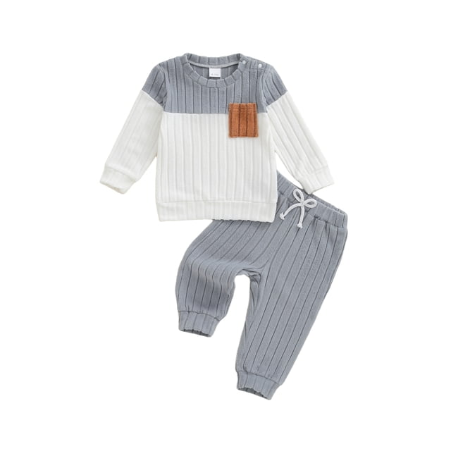 Conjunto de ropa para bebé niño pequeño: jersey de manga larga de felpa a la moda con pantalones de color liso, 2 piezas, atuendo de invierno.