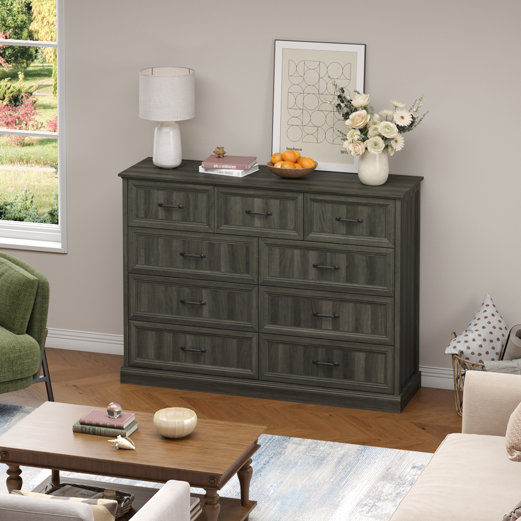 YouTrend Rustic 9-Drawer Wood Dresser, Large Storage Chest Organizer with Metal Handles for Bedroom, Living Room, Farmhouse Style Furniture,Gray