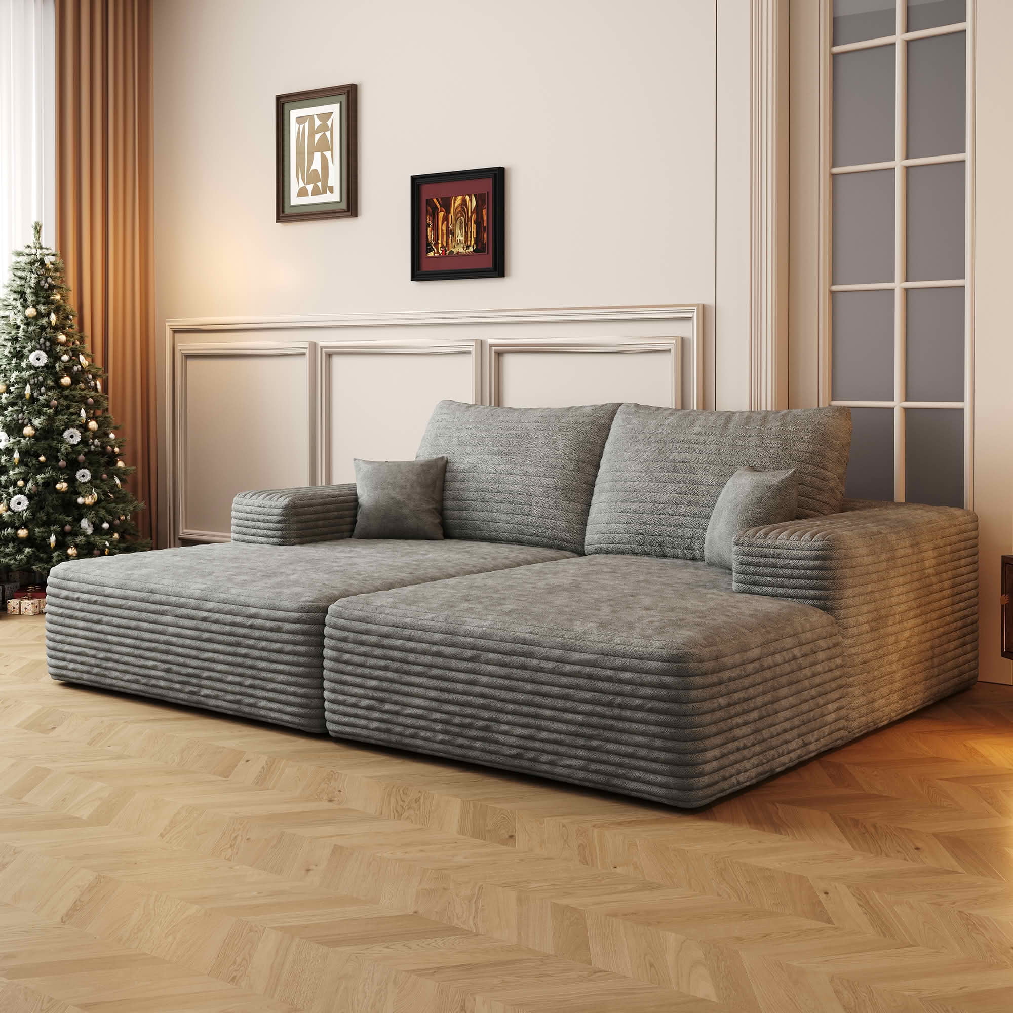 MAYEERTY 74.8" Ribbed Textured Corduroy Square Modular Floor Sofa, Oversized Deep Seat Cloud Loveseat Futon Sofa Bed, Chaise Lounger for Small Apartment Bonus Room, No Assembly Required