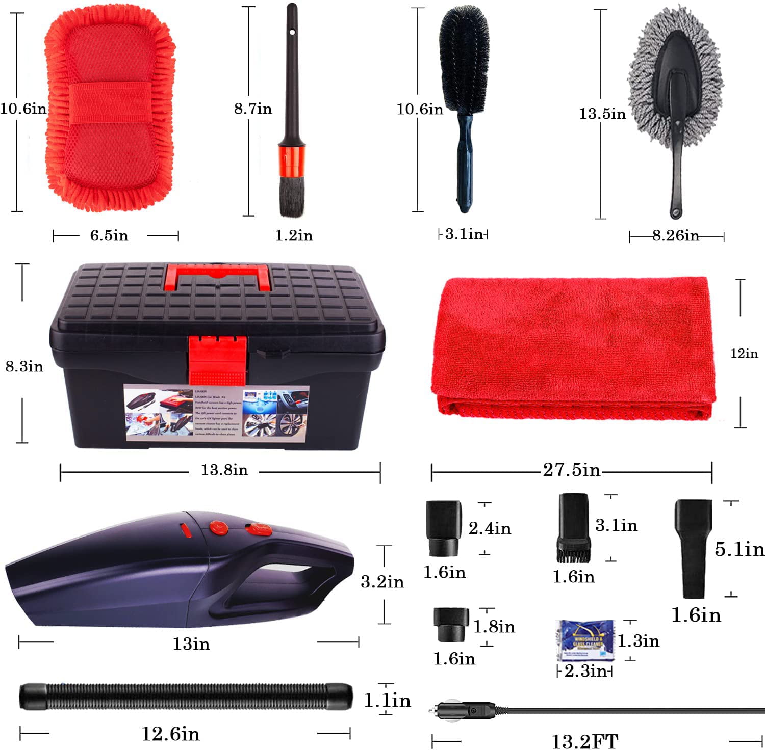 LIANXIN Car Cleaning Kit,Car Wash Kit,High Power Car Vacuum Car Interior  Detailing Kit, with Microfiber Towels, Tire Brush, Wash Mitt,Sponge,Duster