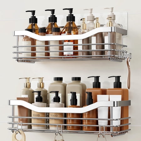 Shower Basket Shelf With 5 Hooks Adhesive Organizer Storage Rack Rustproof Wall Mounted Stainless Steel No Drilling For Bathroom Toilet Kitchen – 2 Pack