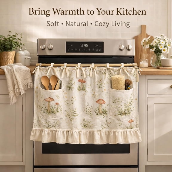 Eolstice Oven Skirt Curtain With Pockets, Handmade Oven Skirt, Kitchen Appliance Cover, Stove Skirt Curtain, Farmhouse Kitchen Decor, Home Organization,Beige