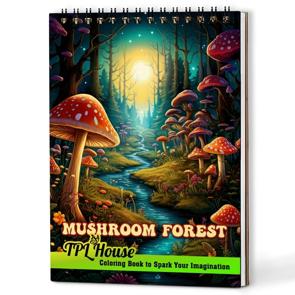 TPLHOUSE Mushroom Forest Coloring Book Spiral Bound for Adults, A5 Wooden Cover, 30 Enchanting Coloring Pages of Fantastic Mushroom Lands for Stress Relief and Relaxation