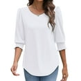 thumbnail image 2 of Women's Dressy Casual Blouse with Smocked Cuffs, 3/4 Length Sleeve Tops for Work Office White S, 2 of 9