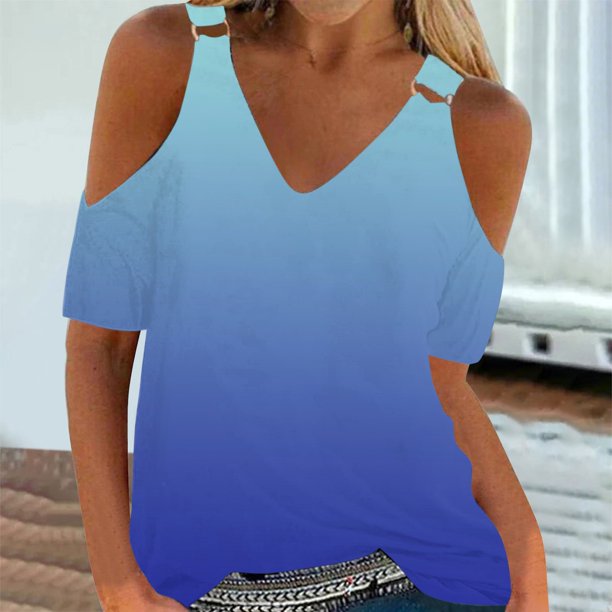 ICHUANYI Clearance Women Summer Sexy T- Shirt Cold Shoulder Pullover Blouse V-Neck Short Sleeve Printed Tops(Blue, M) ICHUANYI WER2023080807764