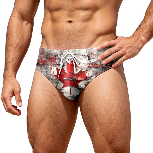 LLDYYDS Mens Canada Swim Briefs Canadian Maple Leaf Flag Graphic 1st July Patriotic Beach Triangle Bikini Swimwear with Drawstring