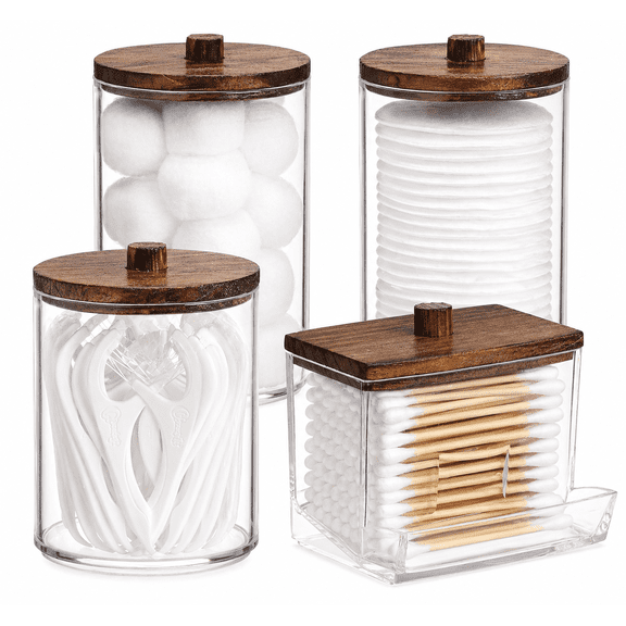 HBlife 4 Pack Qtips Holder Bathroom Container, 10/7 OZ Cotton Ball/Swabs Dispenser, Apothecary Jar Organizer for Storage Brown Wood Lids