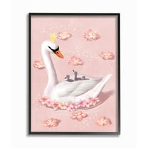 Stupell Industries Mother Swan Queen and Chicks Lake Flowers Pink Framed Wall Art Design by Ziwei Li, 16" x 20", Black Framed