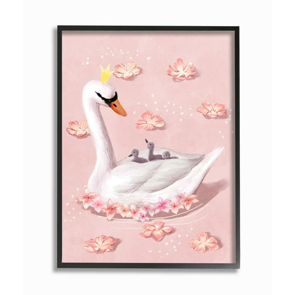 Stupell Industries Mother Swan Queen and Chicks Lake Flowers Pink Framed Wall Art Design by Ziwei Li, 16" x 20", Black Framed