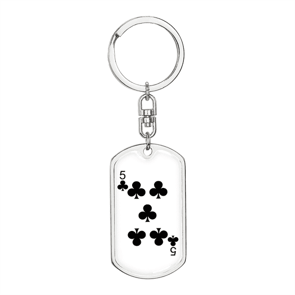 5 of Clubs Gambler Dog Tag Keychain Stainless Steel Silver Tone or Gold Tone