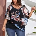 thumbnail image 2 of Estampado Casual Chal Top Cuello Redondo Asimétrico Transpirable Gasa Chal Blusa para Fiesta Compras Viajes Negro 2XL, 2 of 8