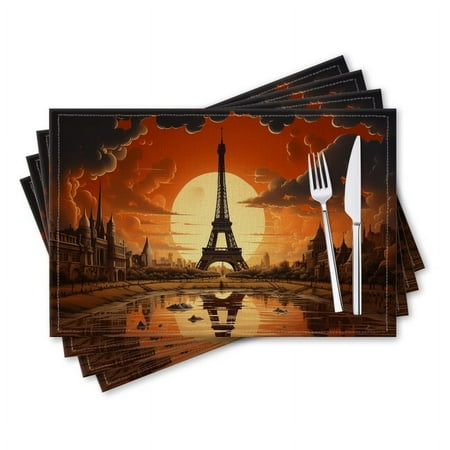 

BaHomeck placemats Set of 4 rectangle Linen Cotton Placemats for Dining Table Washable Heat Resistant 18*12inch Eiffel Tower In Paris During The Autumn Season