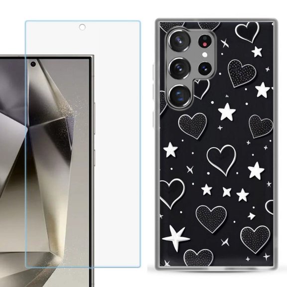 OneToughShield ® Compatible with Samsung Galaxy S24 Ultra, Shockproof Phone Case, with Tempered Glass Screen Protector - Hearts n Stars