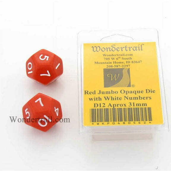 Red Jumbo Dice with White Numbers D12 31mm Pack of 2 Wondertrail