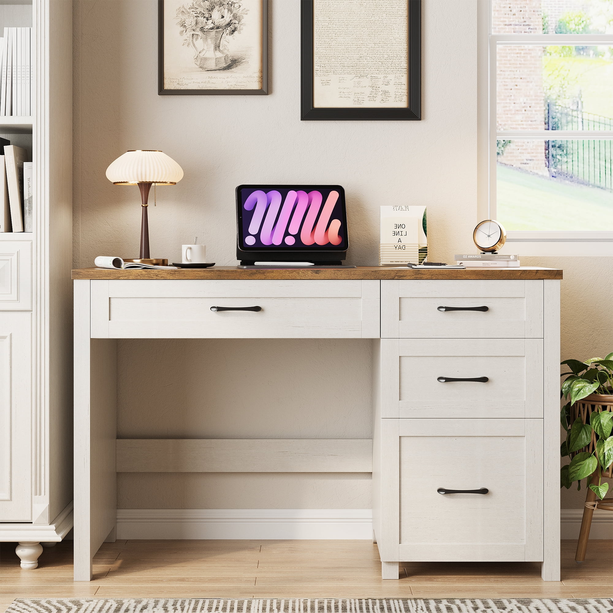 Conate 47" Executive Desk with File Cabinet and Drawers, Home Office Desk with Charging Station and Large Drawer, Workstation Table for Study