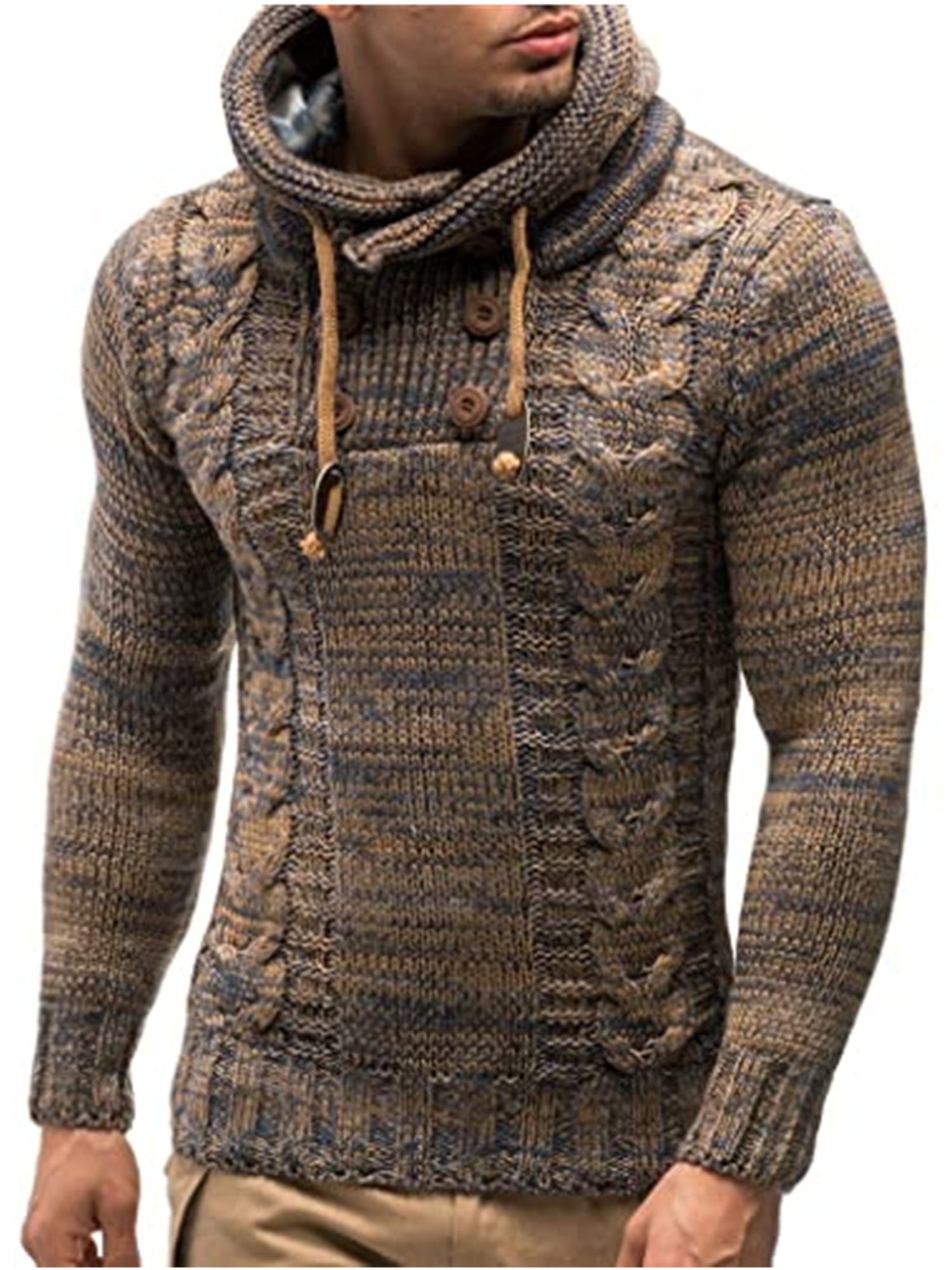 UUYUK Men Buttons Knitwear Hooded Drawstring Slim Pullover Sweater