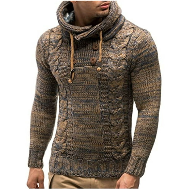 Winter Knitted Sweatshirt Pullover for Men Stylish Insulated Drawstring  Hoodie Knitwear Solid Warm Knit Sweater with Buttons