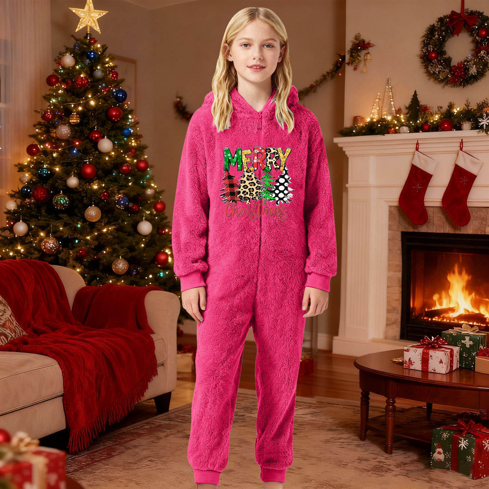 Gelikeya Boys Girls Christmas Onesies Pajamas Fuzzy Jumpsuit Kids Toddler Long Sleeve Jumpsuit Thermal Winter Outfits (Playwear & Hot Pink & 4-5 Years)