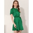 thumbnail image 3 of INSPIRE CHIC Robe Satinée à Manches Courtes Bouffantes pour Femme, Col Montant à Volants, Taille à Nouer, Vert G, 3 of 5