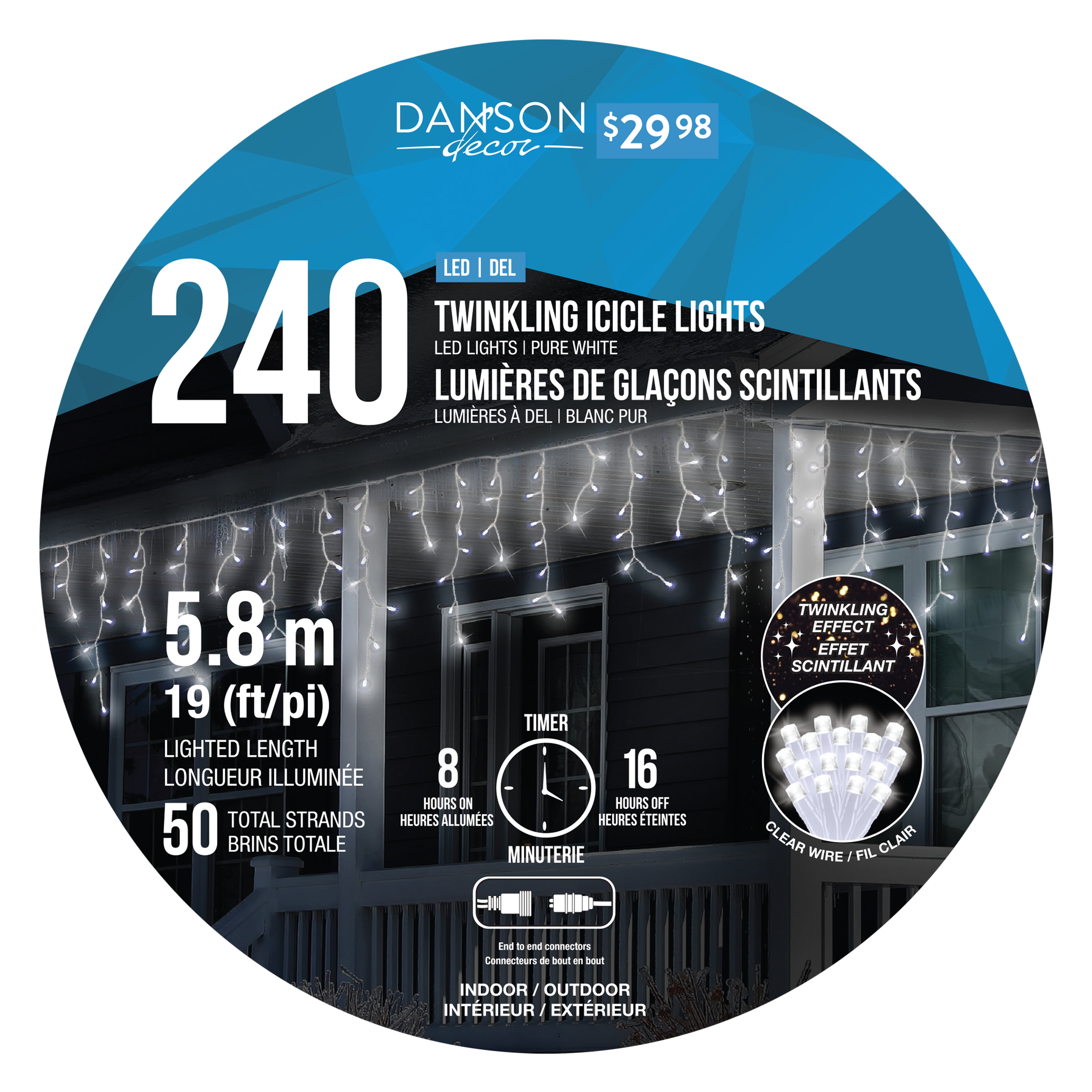 Danson Décor 240 5MM LED Icicle Curtain Light, Pure White