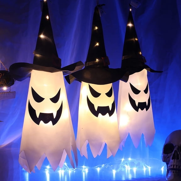TETOU 3Pcs 31.5" Upgrade Halloween Decoration Hanging Gypsophila Ghost, Light up LED Witch Hat for Outdoor Tree Garden Home Decor - Warm Light