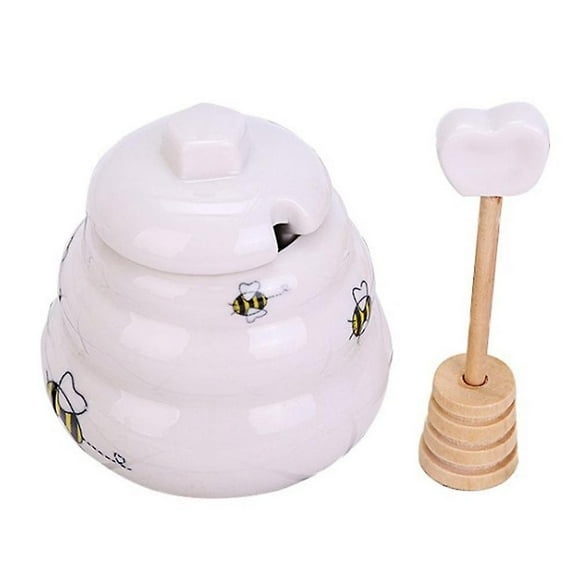 Ceramic Beehive Honey Pot And Wooden Dipper, Miniceramic Beehive Honey Pot With Dipper