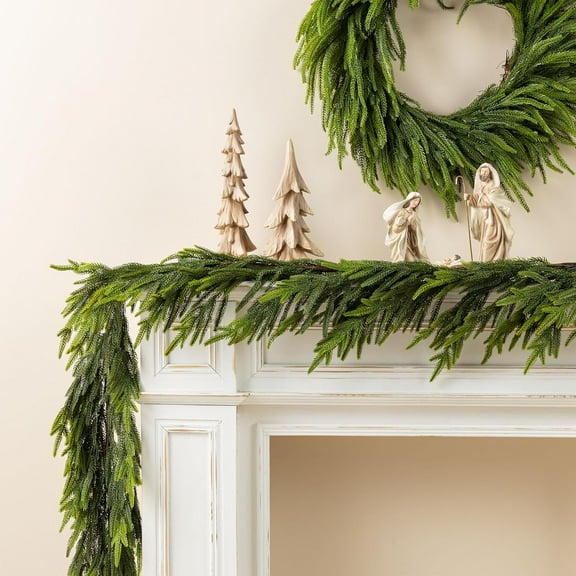 Guvpev 2Pcs Christmas Norfolk Pine Garlands, 9FT Faux Pine Garlands, Real Touch Artificial Greenery Garland for Christmas Table, Wall, Mantel, Indoor/Outdoor Home Decor