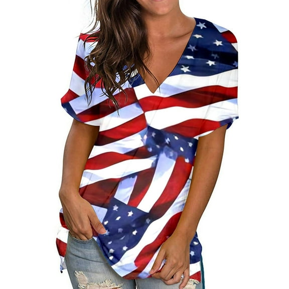 Jacenvly Plus Red White and Blue Women Classic Shirts Misses Crewneck Print Tees Short Sleeve T Shirt Blouse Loose Tops