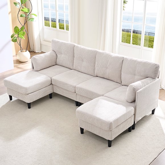 Puremind Canapé en U avec 2 Ottomans Mobiles, Canapé Sectionnel Modulaire en Velours Côtelé pour Salon/appartement, Beige