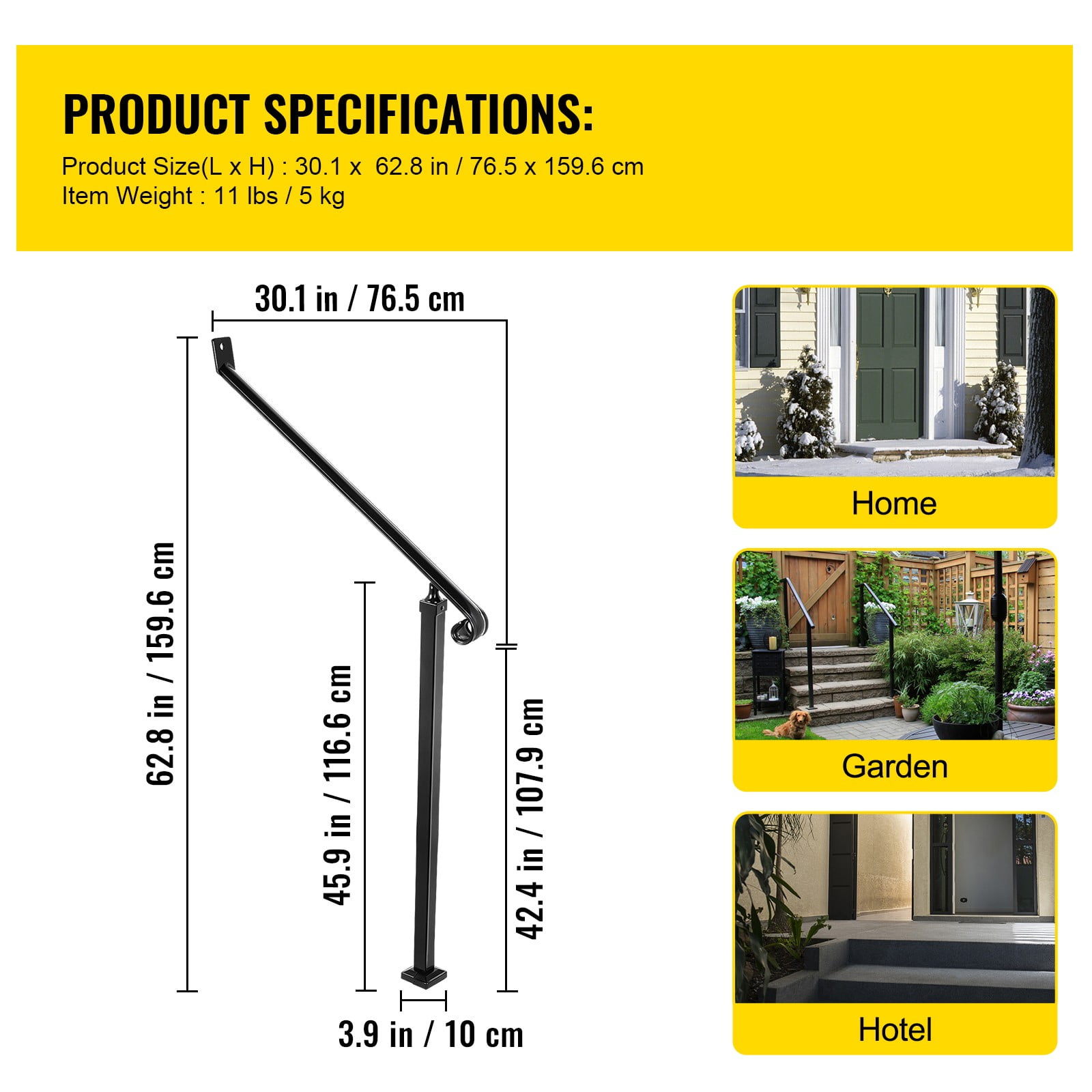 BENTISM 2 Step Handrail Iron Railings for Outdoor Steps 40 MM Pipe Iron Handrail Stair Railings for Steps Black Iron Railings for Steps Wrought Iron Handrail Step Railing Handrails