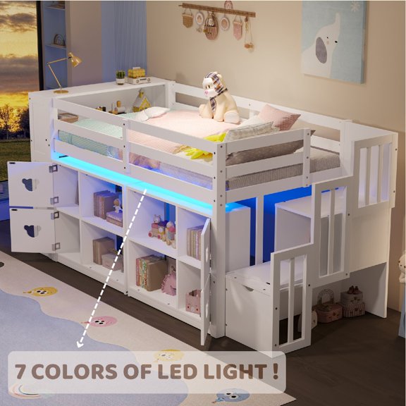 Twin Size Loft Bed Frame with Storage Headboard and Clothes Rod, Wooden LED Lights Low Loft Bed with Staircase and Shelves for Bedroom, Apartment, Box Spring Not Required, Mattress Not Included,White